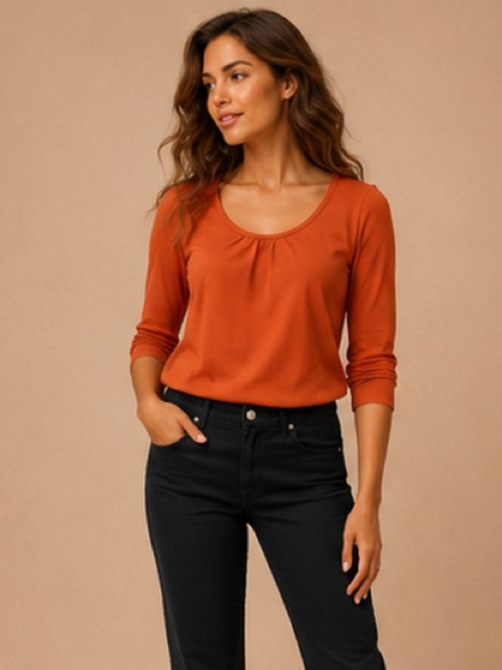 Jones New York Sport Orange Cotton Top Petite Medium 3/4 Sleeve Casual Blouse